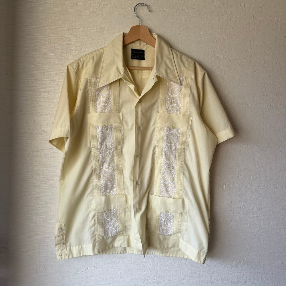 Vintage 1970s Guayabera Embroidered 4-Pocket Short Sleeve Shirt Mens Size Large - Picture 1 of 10
